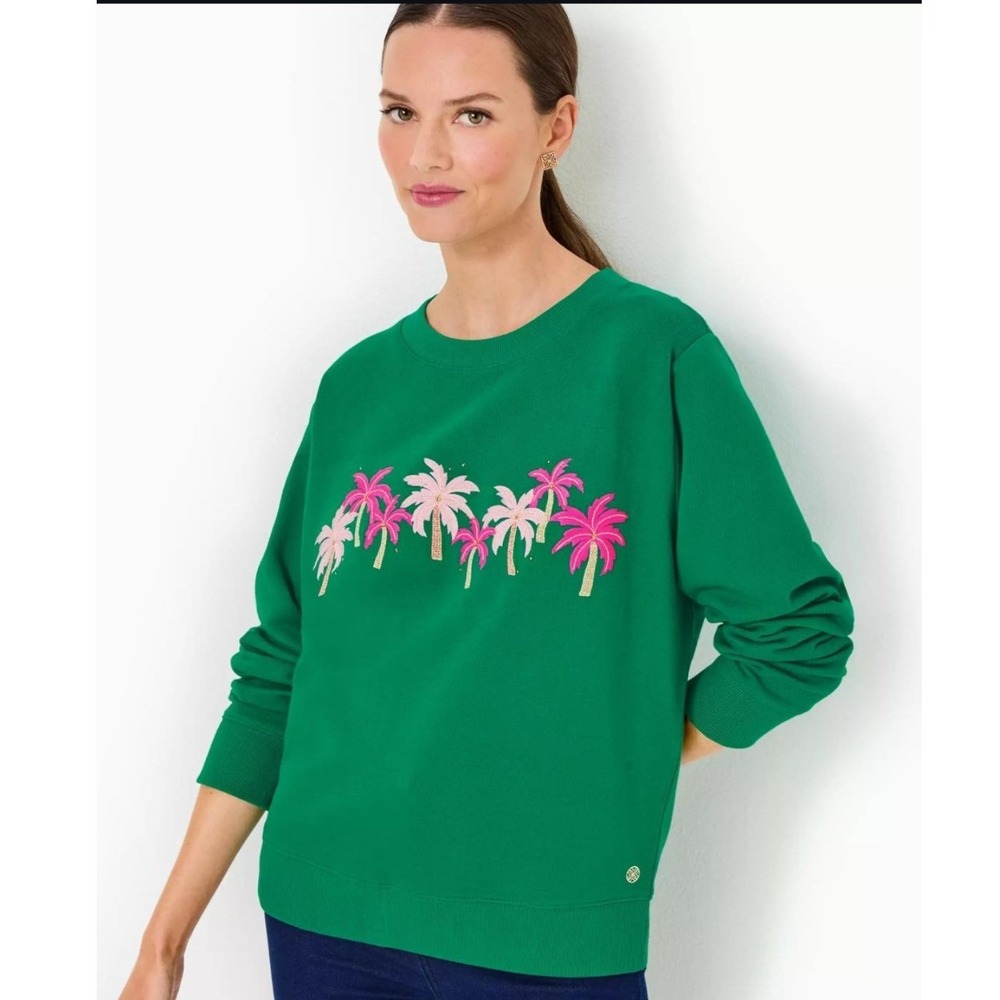 Lilly Pulitzer Sweatshirt Green Palm Tree Embroidered Beaded Pullover XL